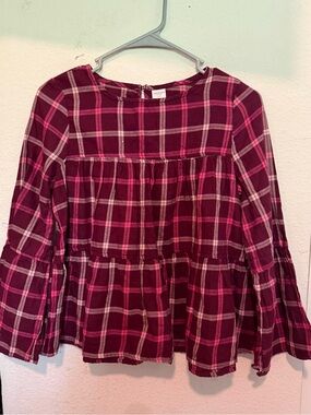 Girls Burgundy Pink Plaid Tiered Long-Sleeve Top